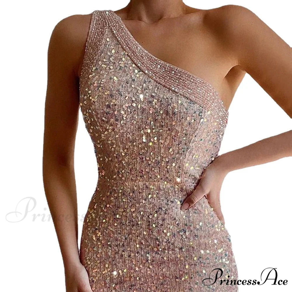 Woman wearing One-Shoulder Sequin Formal Gown from Hicosy — view 6