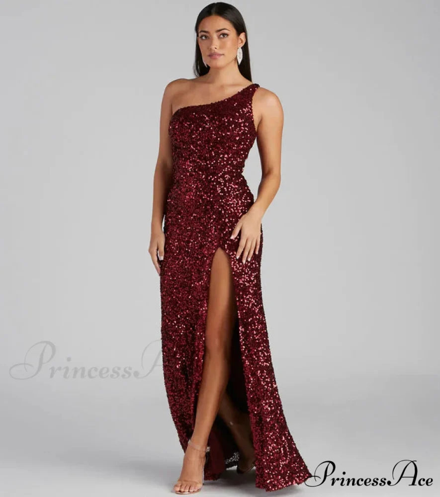 Woman wearing One-Shoulder Sequin Formal Gown from Hicosy — view 3