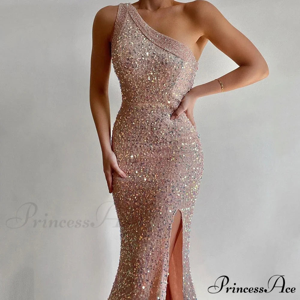 Woman wearing One-Shoulder Sequin Formal Gown from Hicosy — view 5