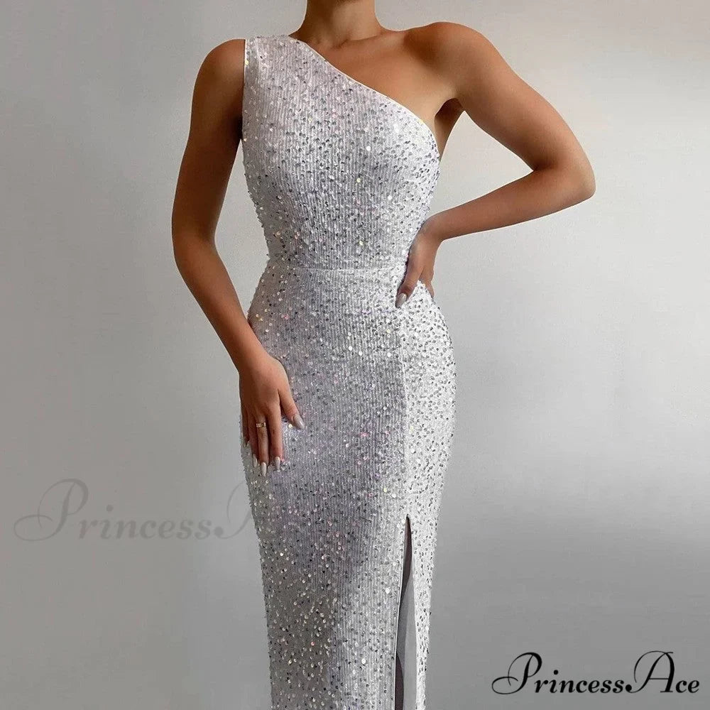 Woman wearing One-Shoulder Sequin Formal Gown from Hicosy — view 2