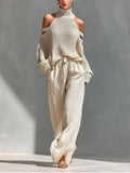 Cold Shoulder Knit Top and Drawstring Wide Leg Linen Pant Set