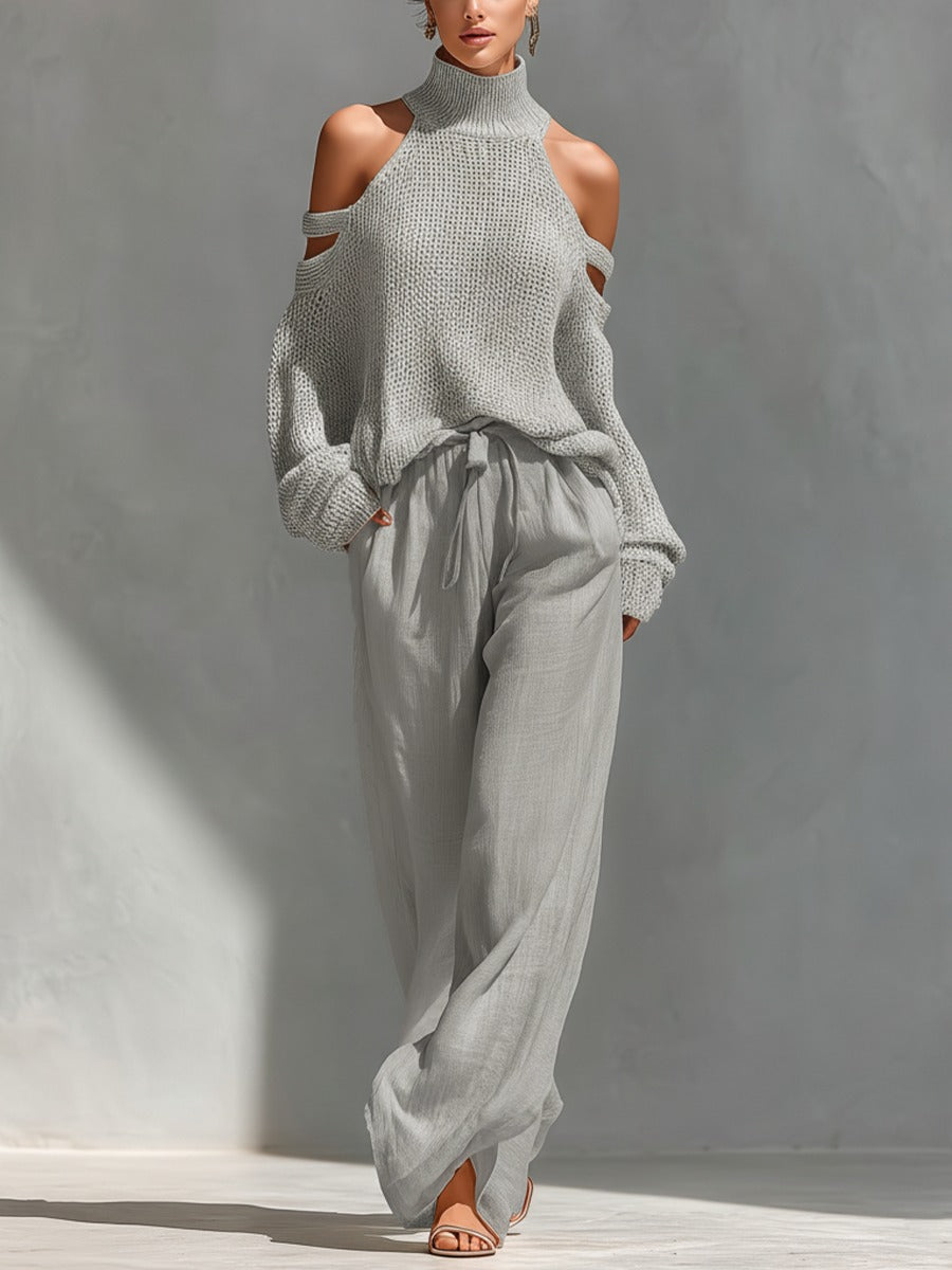 Cold Shoulder Knit Top and Drawstring Wide Leg Linen Pant Set