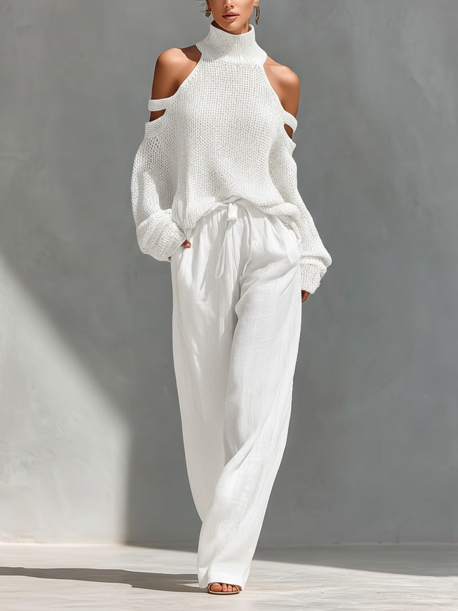 Cold Shoulder Knit Top and Drawstring Wide Leg Linen Pant Set