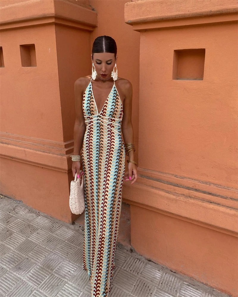 Stripe Crochet Knit Halter Deep V Neck Backless Maxi Dress