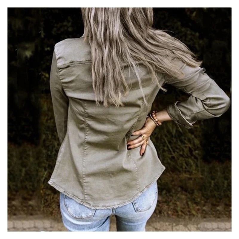 Button-Front Denim Shirt Jacket for Casual Layering
