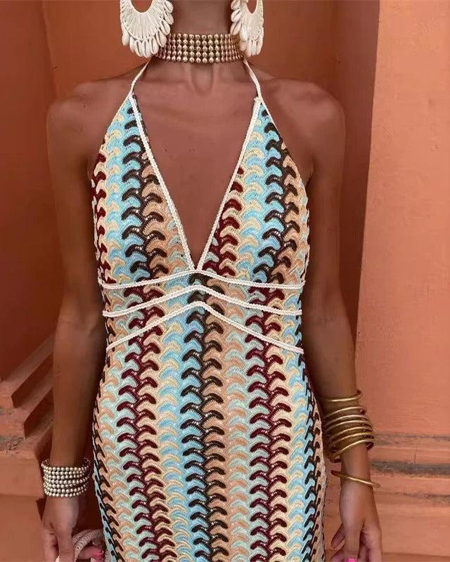 Stripe Crochet Knit Halter Deep V Neck Backless Maxi Dress