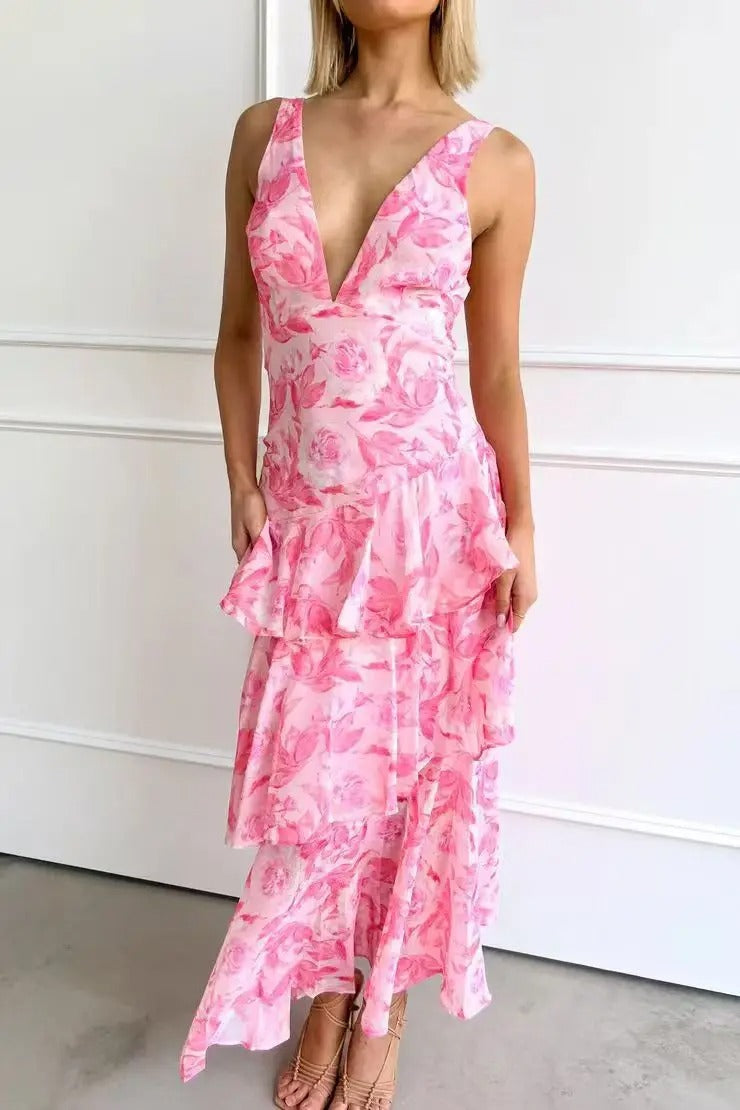 Abstract Print Deep V Neck Tiered Flowy Maxi Dress - Formal Wedding Guest