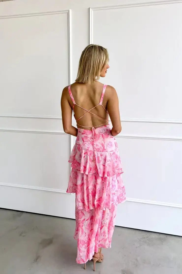 Abstract Print Deep V Neck Tiered Flowy Maxi Dress - Formal Wedding Guest