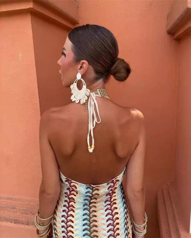 Stripe Crochet Knit Halter Deep V Neck Backless Maxi Dress