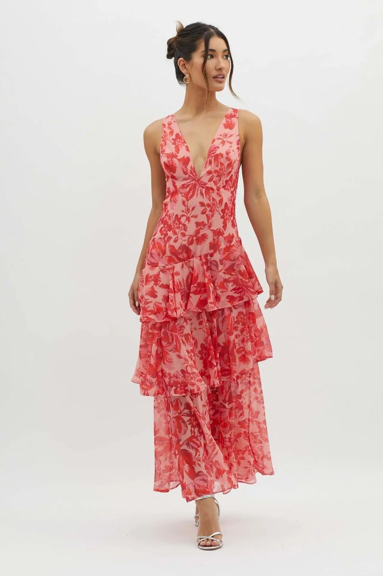 Abstract Print Deep V Neck Tiered Flowy Maxi Dress - Formal Wedding Guest