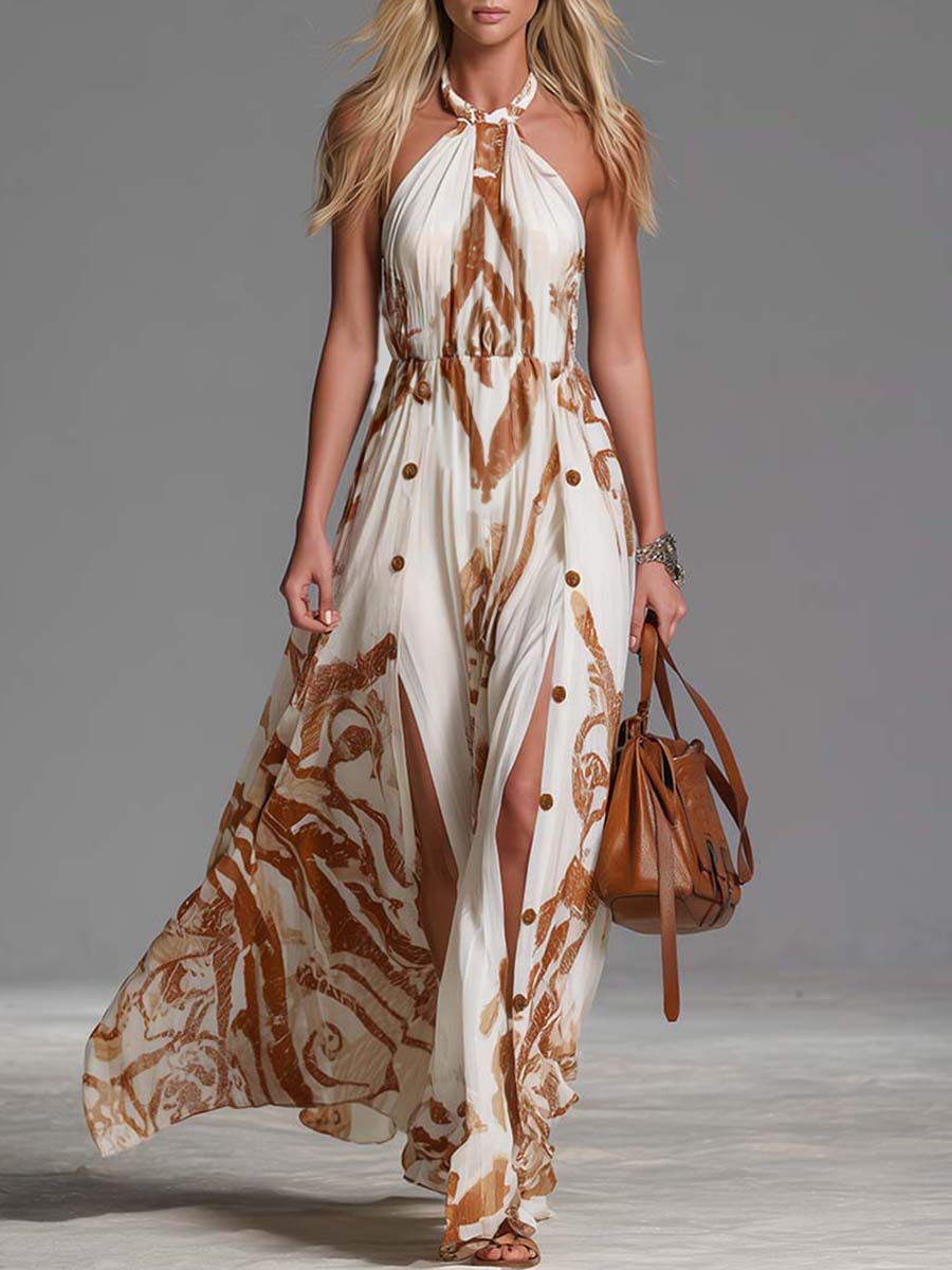 Abstract Print Halter Neck Button Side Split Maxi Dress