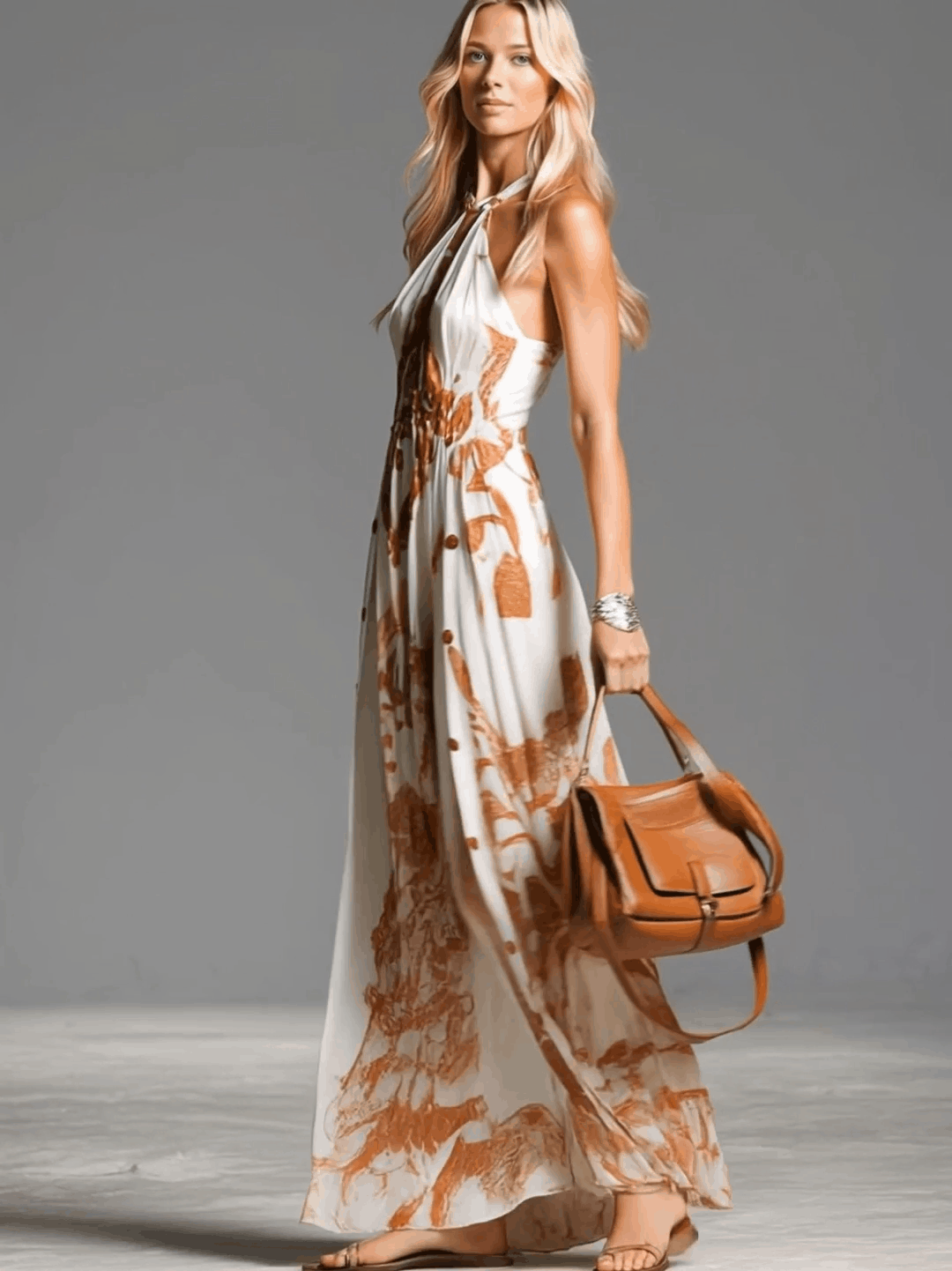 Abstract Print Halter Neck Button Side Split Maxi Dress