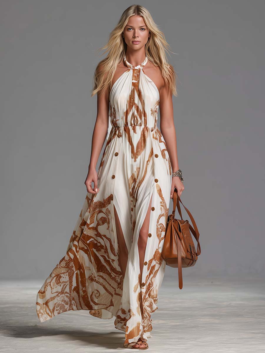Abstract Print Halter Neck Button Side Split Maxi Dress