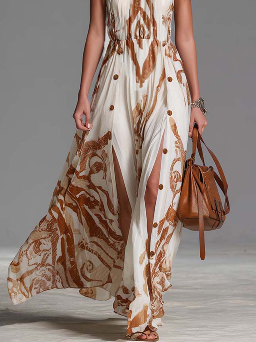 Abstract Print Halter Neck Button Side Split Maxi Dress