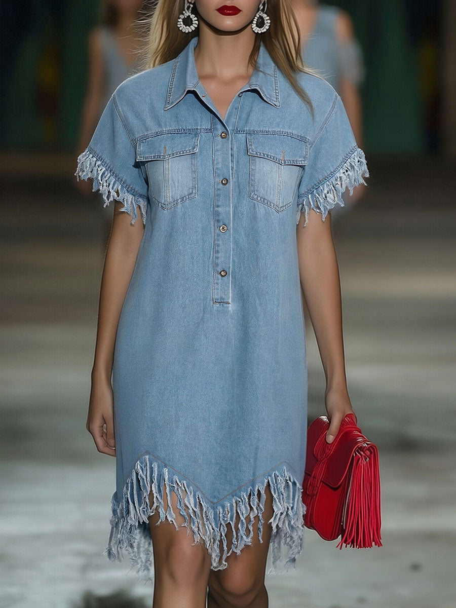 Twin Pocket Fringe Hem Short Sleeve Denim Shirt Dress