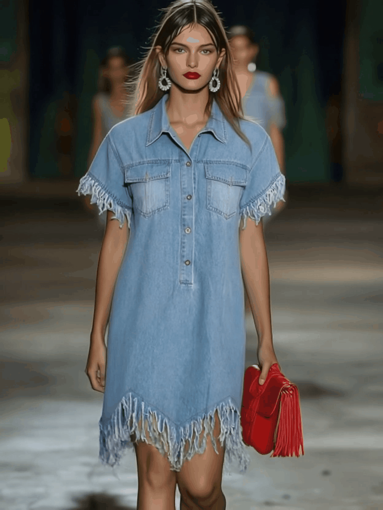 Twin Pocket Fringe Hem Short Sleeve Denim Shirt Dress