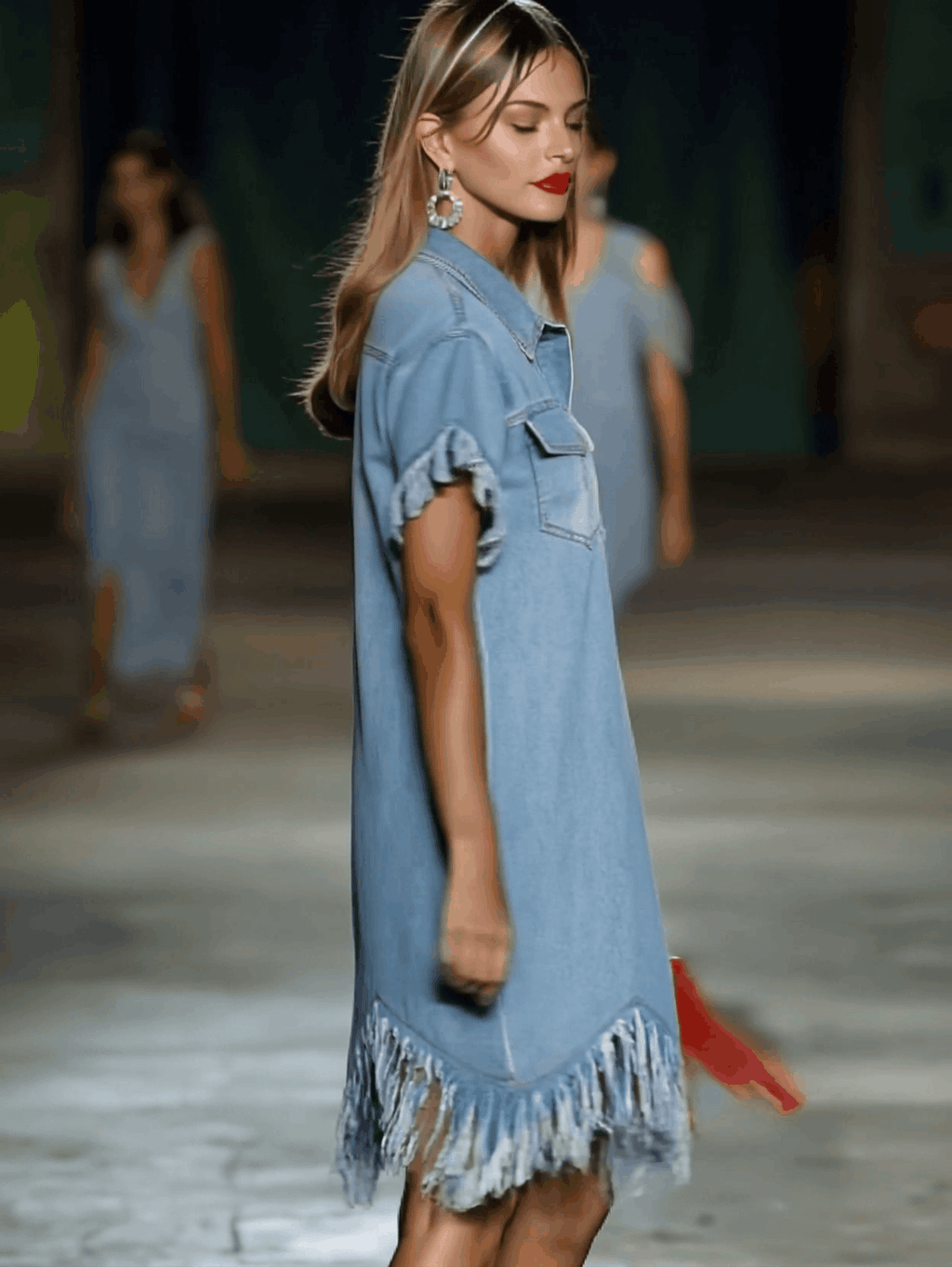 Twin Pocket Fringe Hem Short Sleeve Denim Shirt Dress