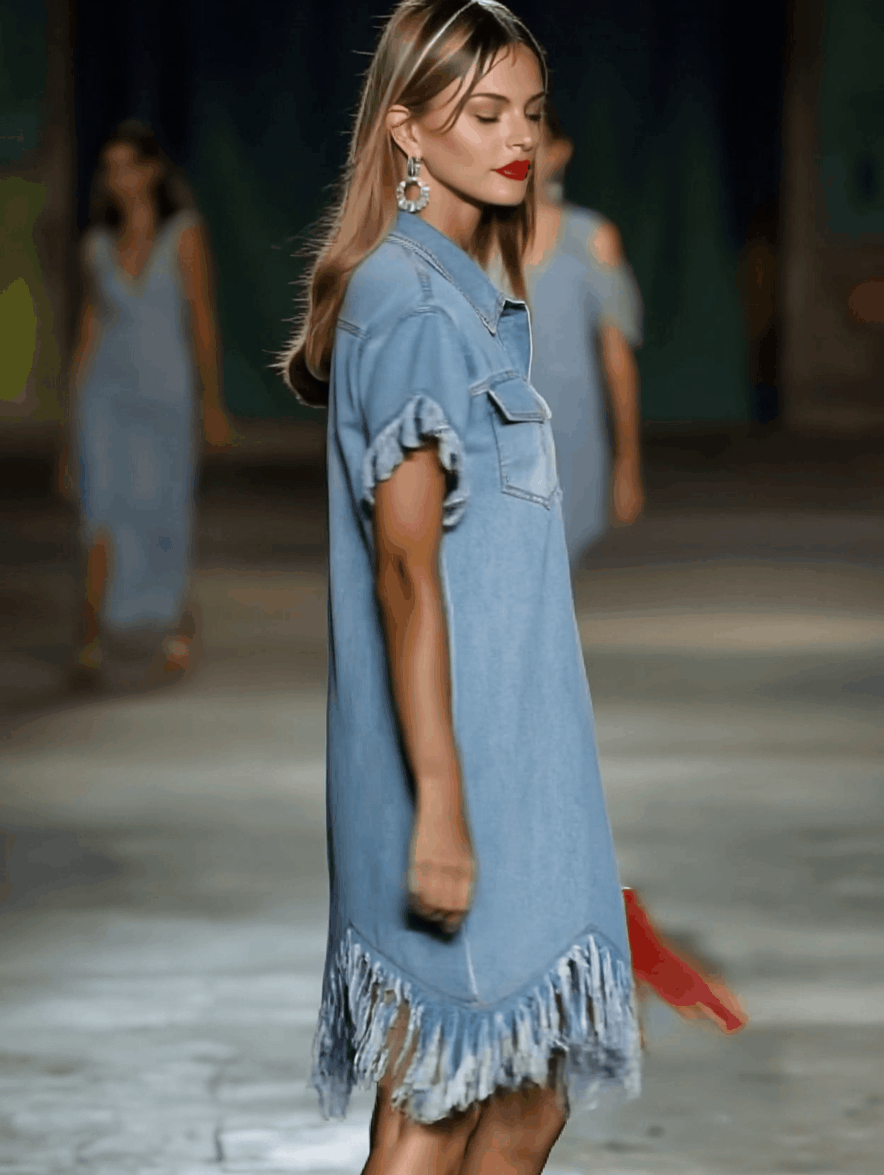 Twin Pocket Fringe Hem Short Sleeve Denim Shirt Dress