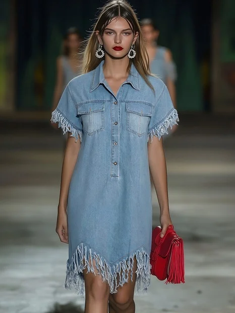 Twin Pocket Fringe Hem Short Sleeve Denim Shirt Dress