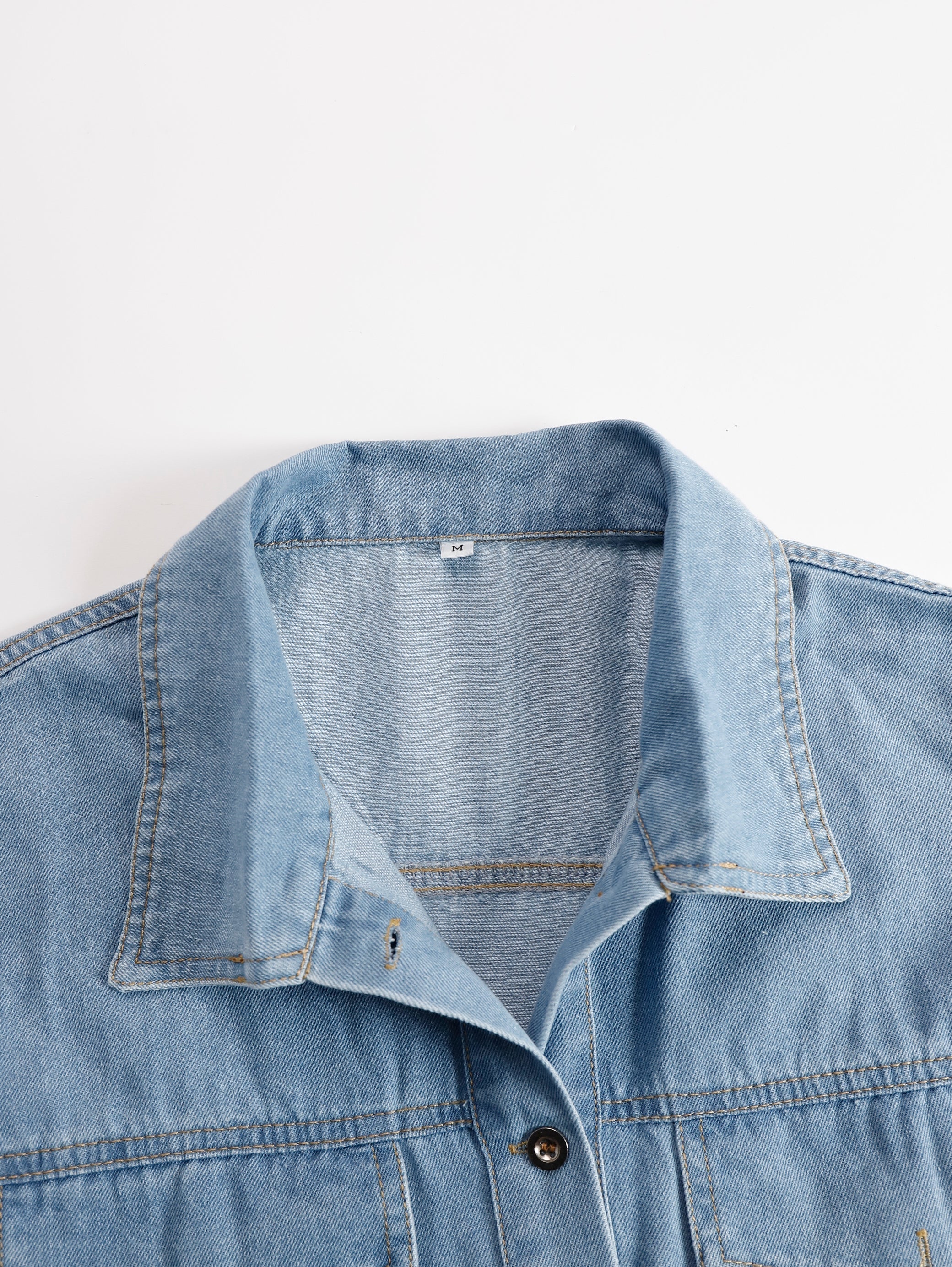 Twin Pocket Fringe Hem Short Sleeve Denim Shirt Dress