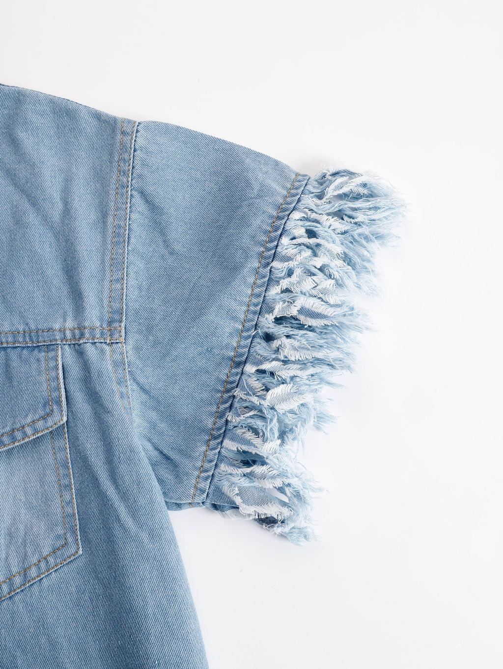 Twin Pocket Fringe Hem Short Sleeve Denim Shirt Dress
