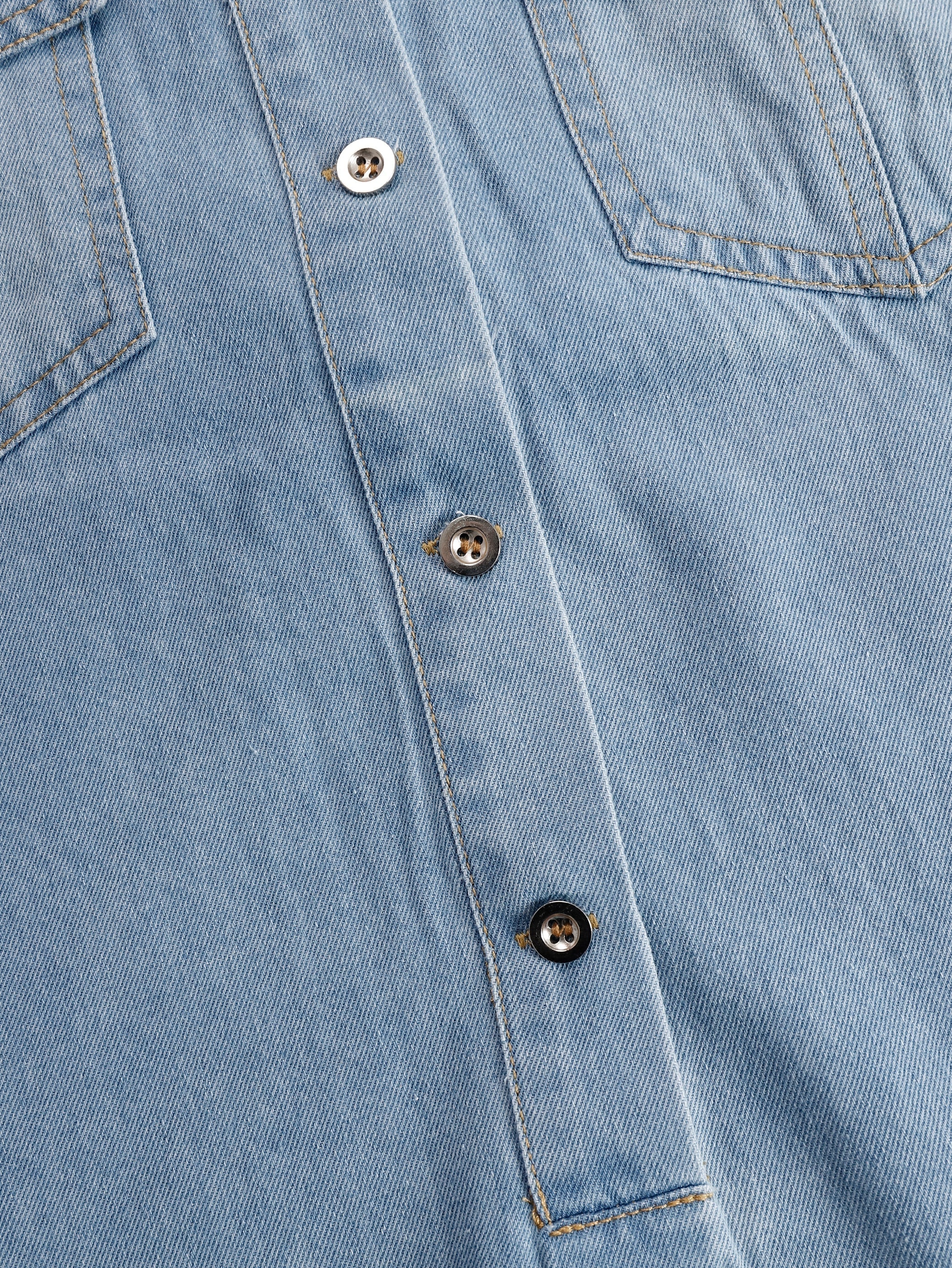 Twin Pocket Fringe Hem Short Sleeve Denim Shirt Dress