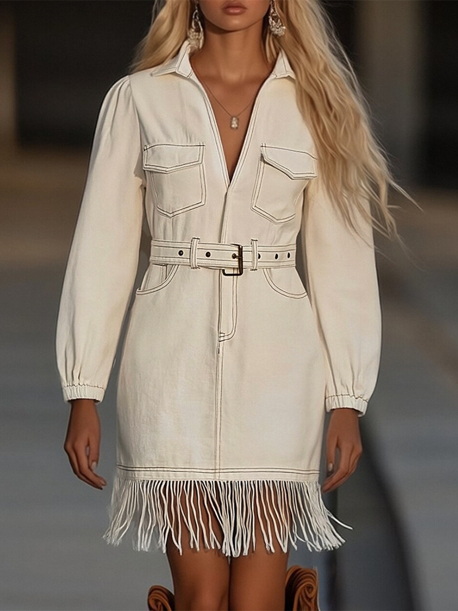 Contrast Stitch Belted Fringe Hem Long Sleeve Denim Mini Dress