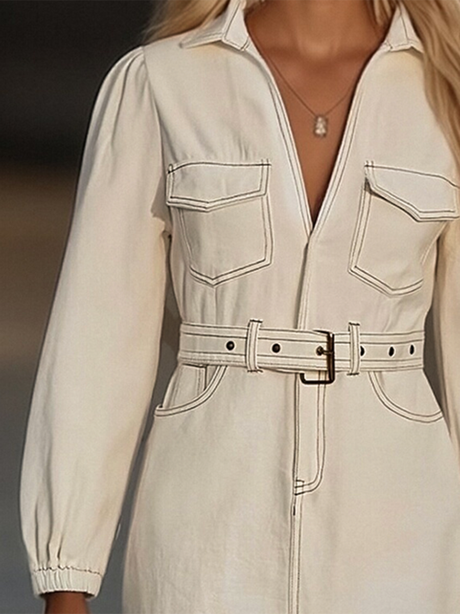 Contrast Stitch Belted Fringe Hem Long Sleeve Denim Mini Dress