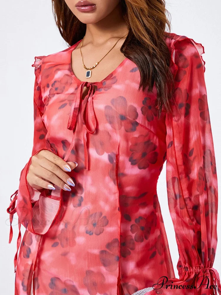 Mesh Mini Dress Sophisticated Flare Long Sleeve Split Hem Floral Dress