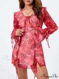 Mesh Mini Dress Sophisticated Flare Long Sleeve Split Hem Floral Dress