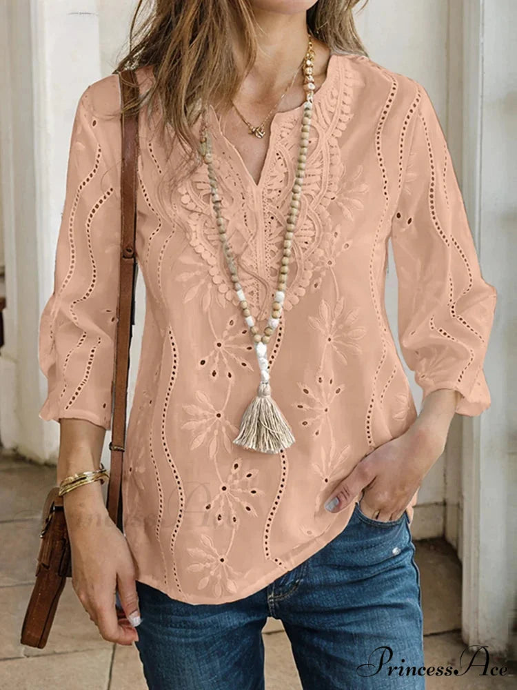 Mesh Panel V-neck Hollow Embroidery Informal Blouse