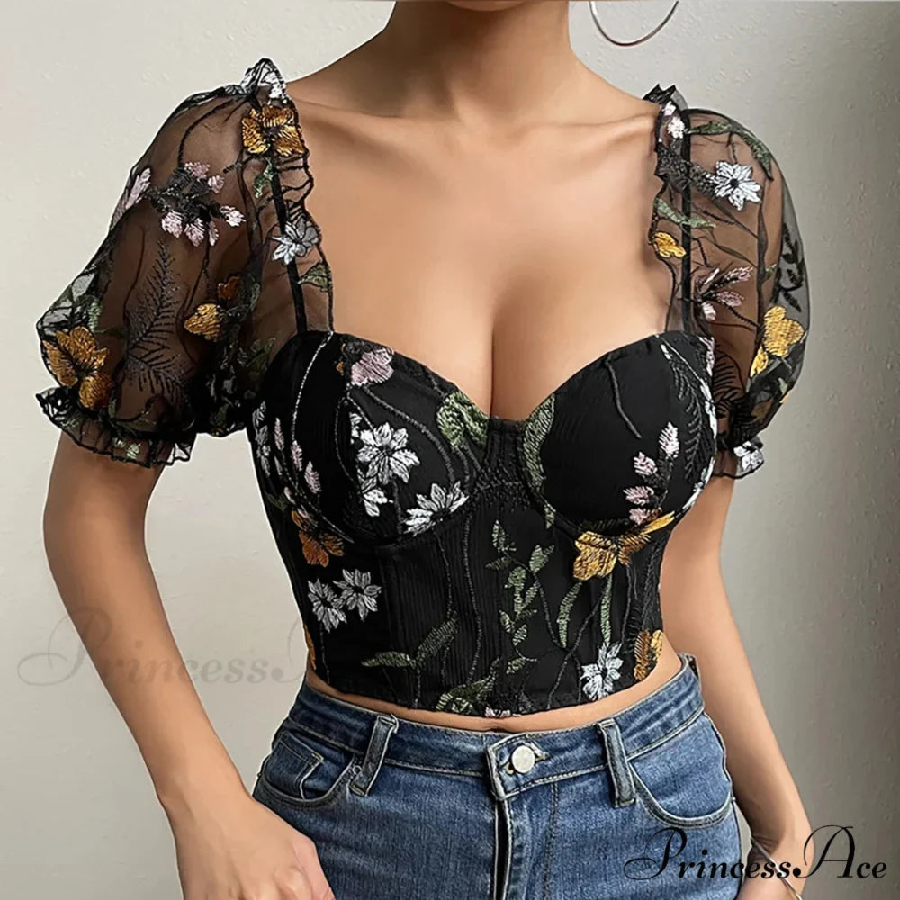 Mesh Puff Sleeve Fishbone Corset Top