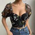 Mesh Puff Sleeve Fishbone Corset Top