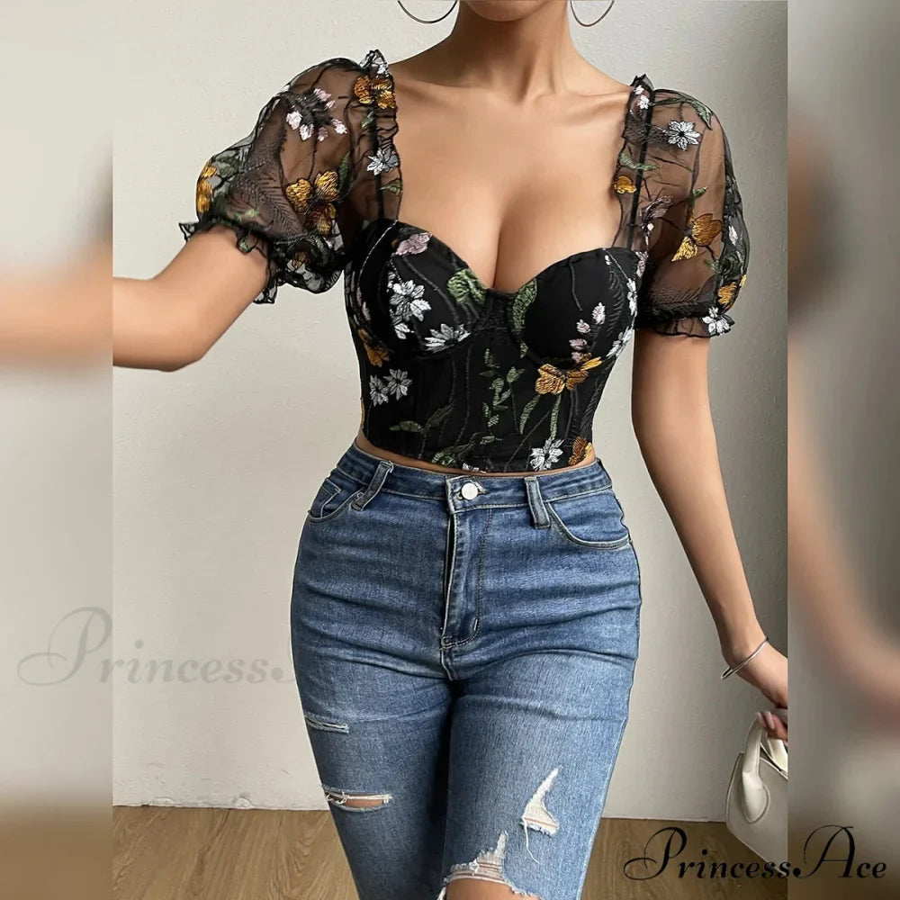 Mesh Puff Sleeve Fishbone Corset Top