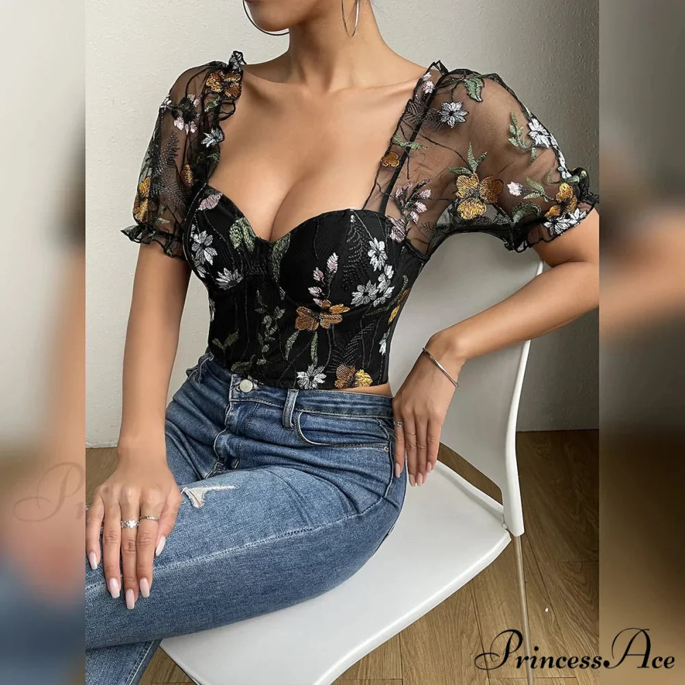 Mesh Puff Sleeve Fishbone Corset Top