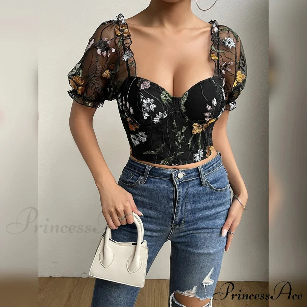 Mesh Puff Sleeve Fishbone Corset Top