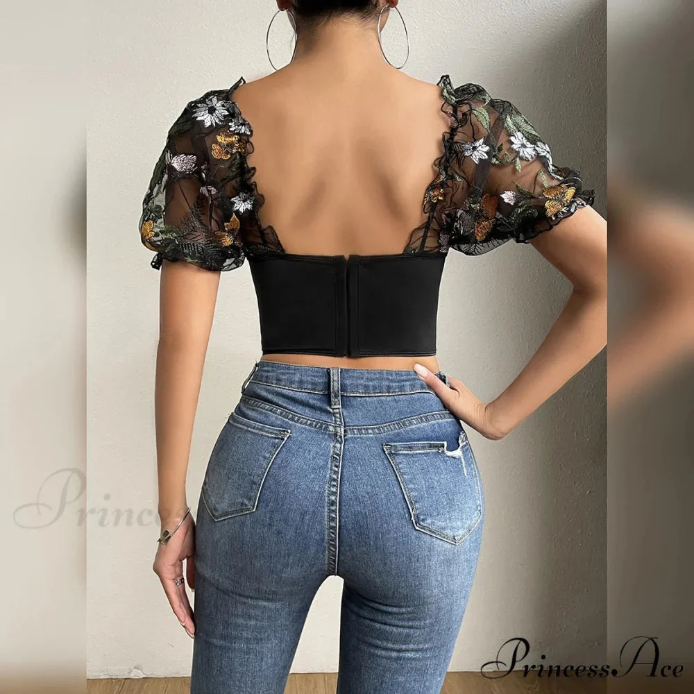 Mesh Puff Sleeve Fishbone Corset Top
