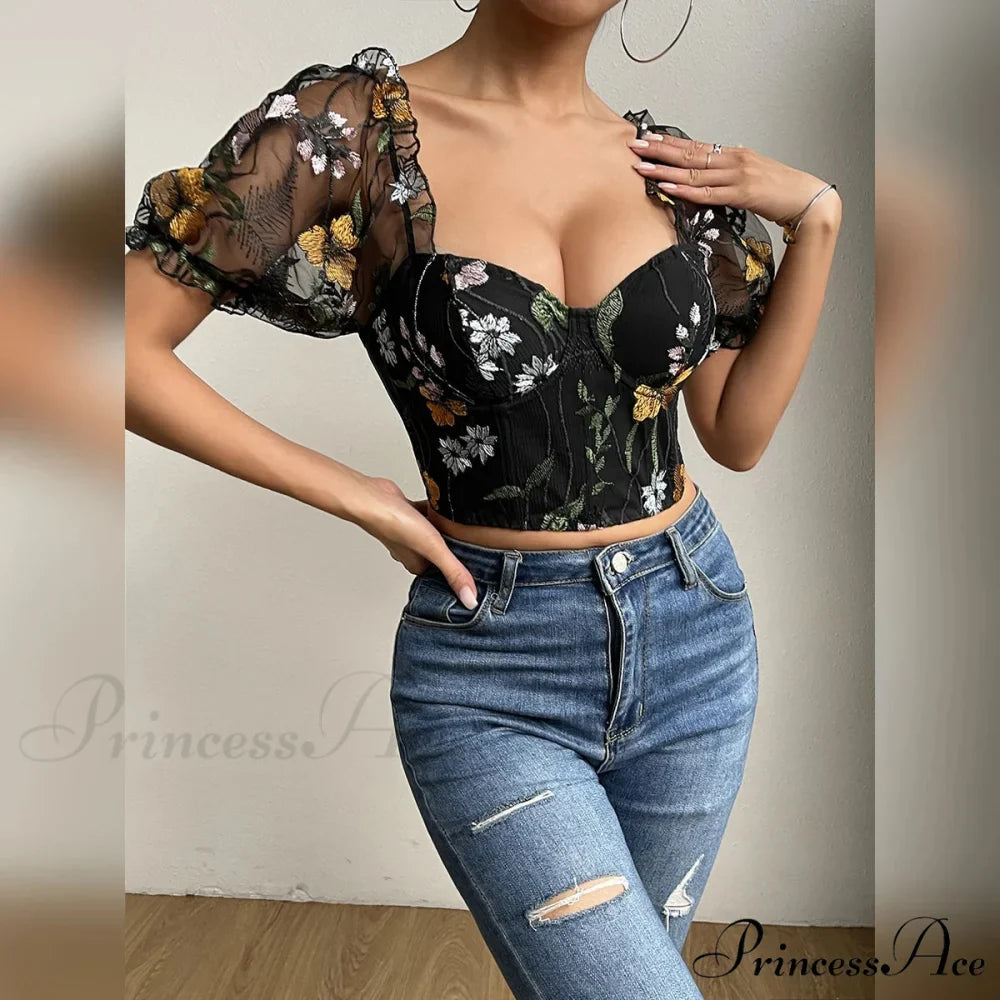 Mesh Puff Sleeve Fishbone Corset Top