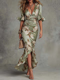 Floral Ruched Waist Frill Sleeve Fishtail Maxi Dress - Wedding Guest