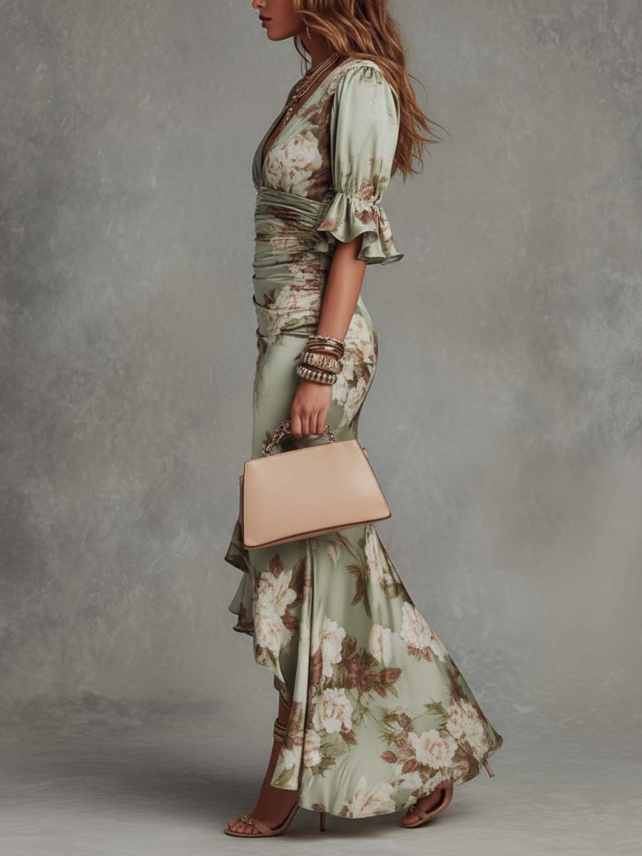 Floral Ruched Waist Frill Sleeve Fishtail Maxi Dress - Wedding Guest