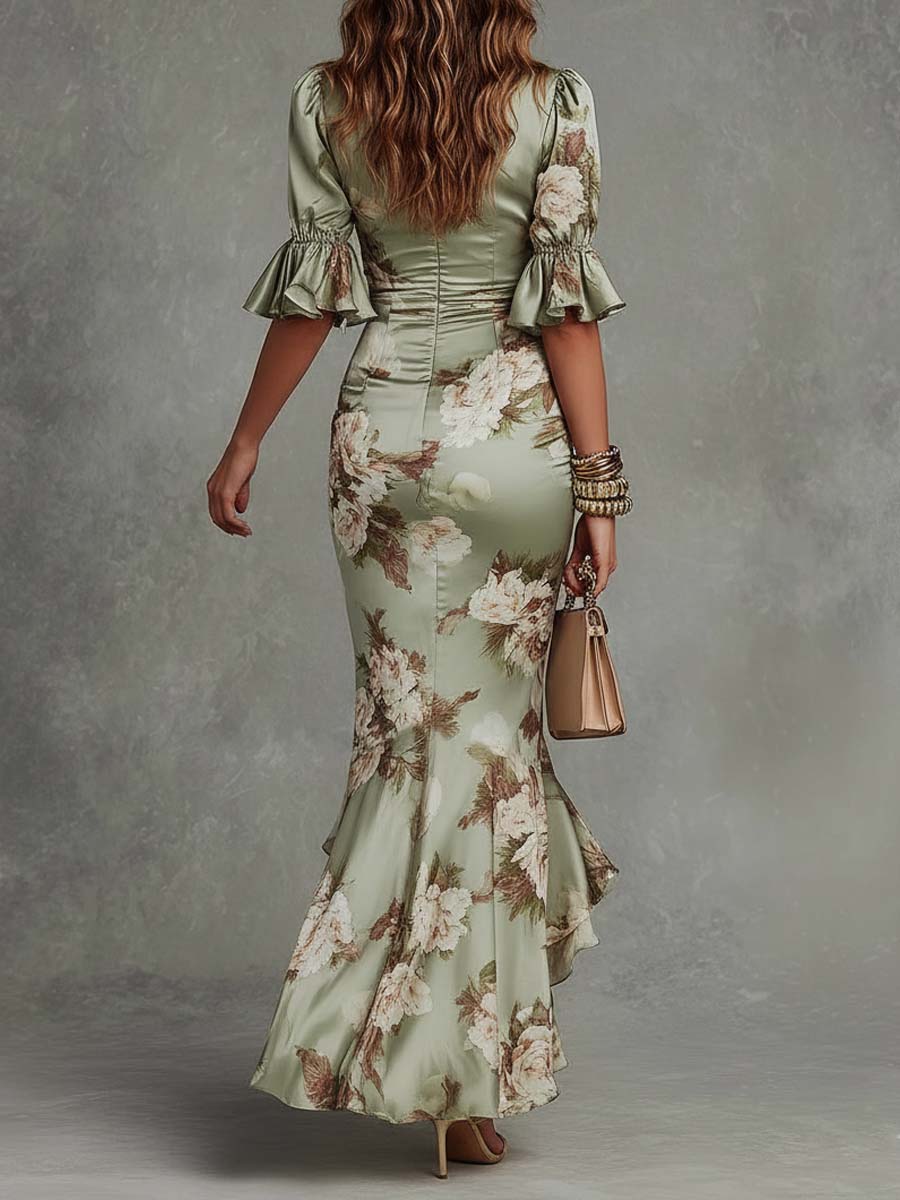 Floral Ruched Waist Frill Sleeve Fishtail Maxi Dress - Wedding Guest