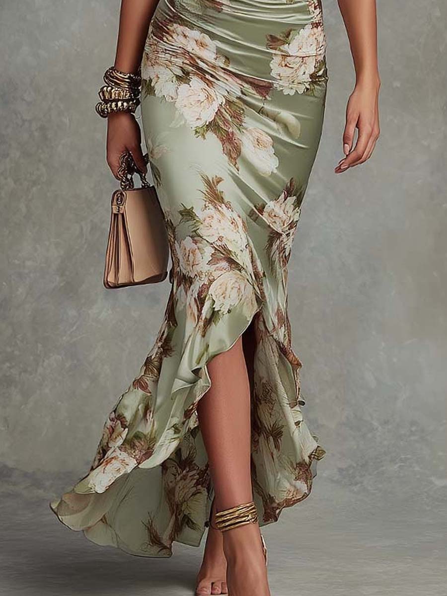 Floral Ruched Waist Frill Sleeve Fishtail Maxi Dress - Wedding Guest