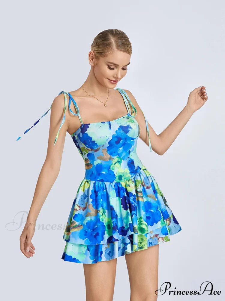 Mini Dress Tied Spaghetti Strap Frilly Hem Short Dress