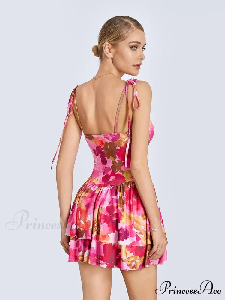 Mini Dress Tied Spaghetti Strap Frilly Hem Short Dress