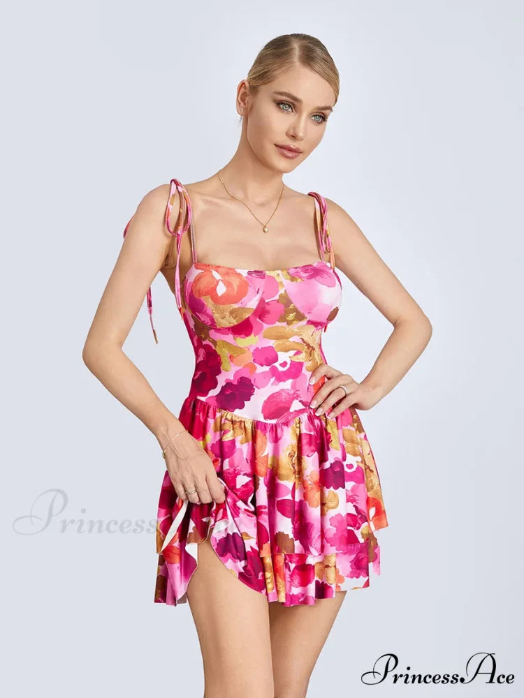 Mini Dress Tied Spaghetti Strap Frilly Hem Short Dress
