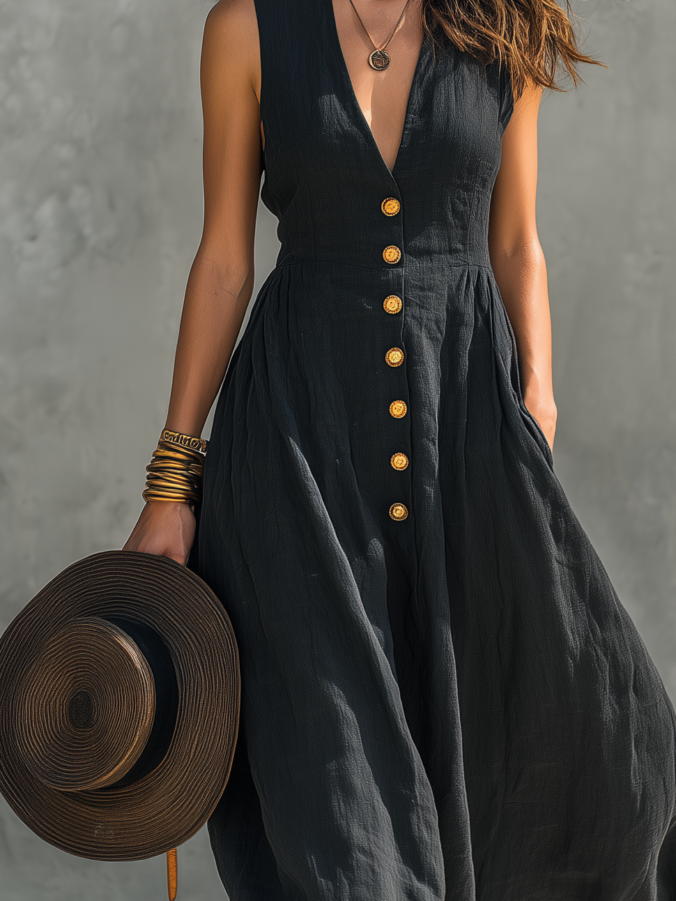 Button Front Deep V Neck Sleeveless Linen Maxi Dress
