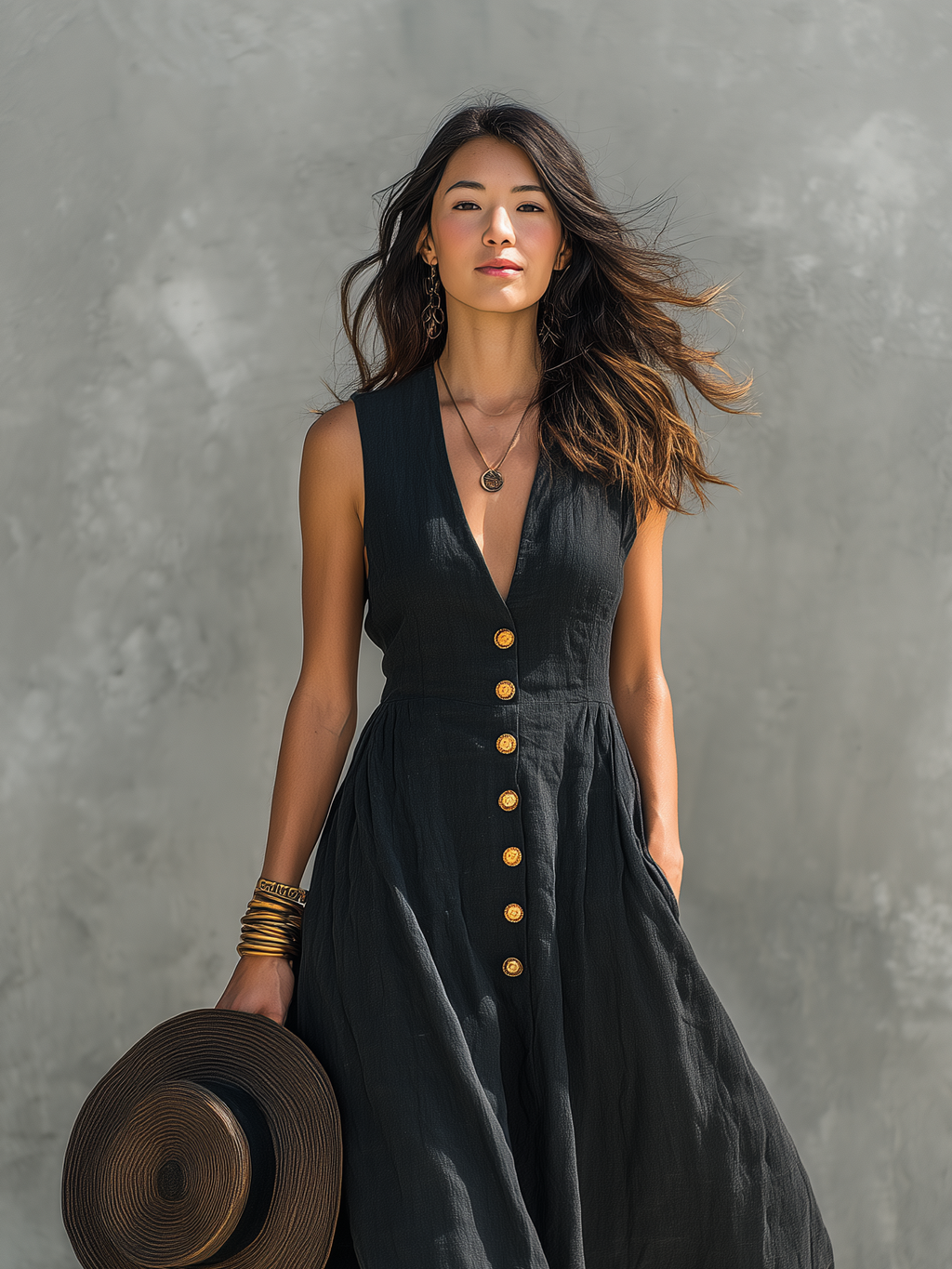 Button Front Deep V Neck Sleeveless Linen Maxi Dress