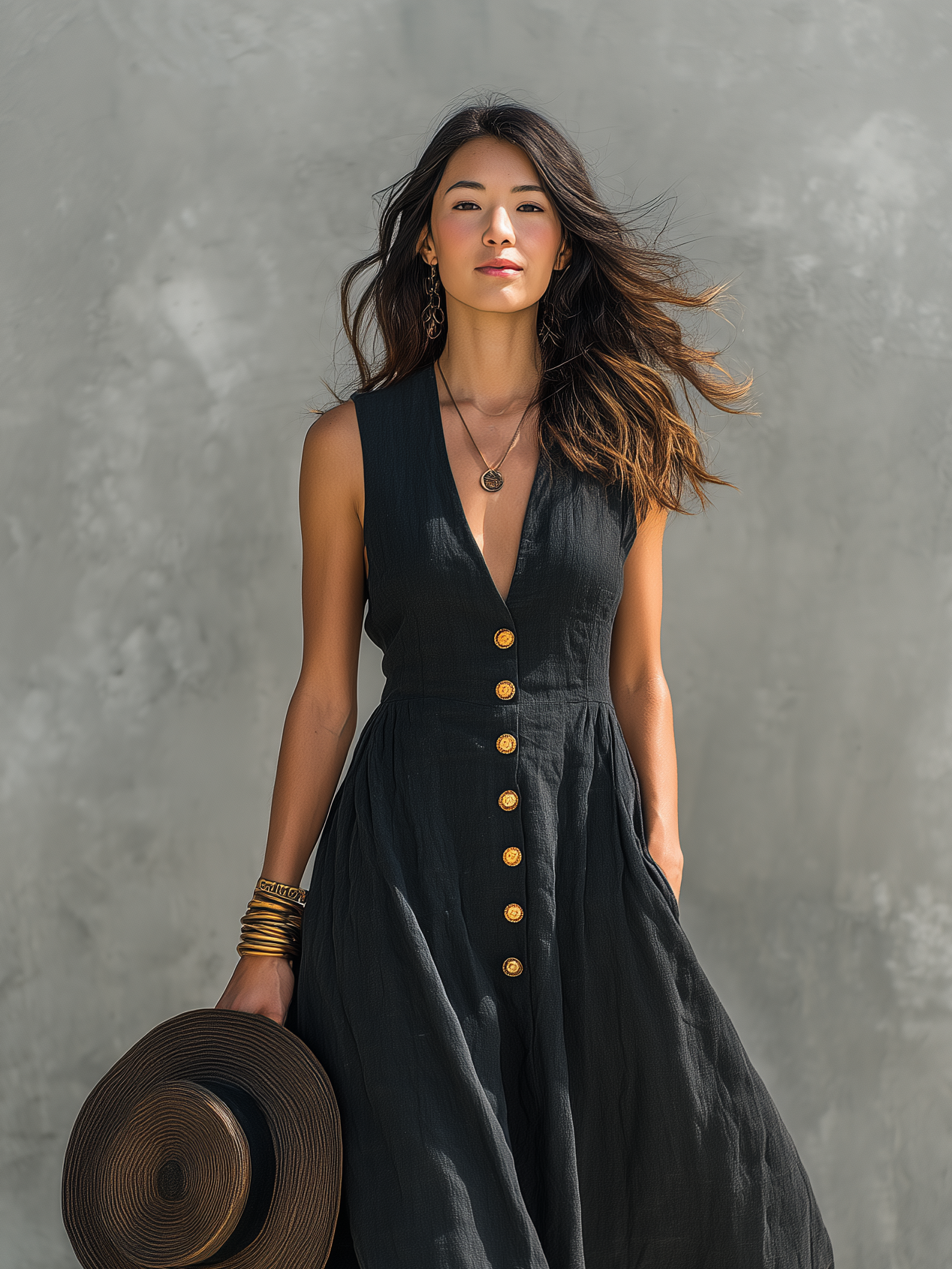 Button Front Deep V Neck Sleeveless Linen Maxi Dress