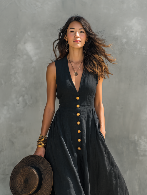 Button Front Deep V Neck Sleeveless Linen Maxi Dress