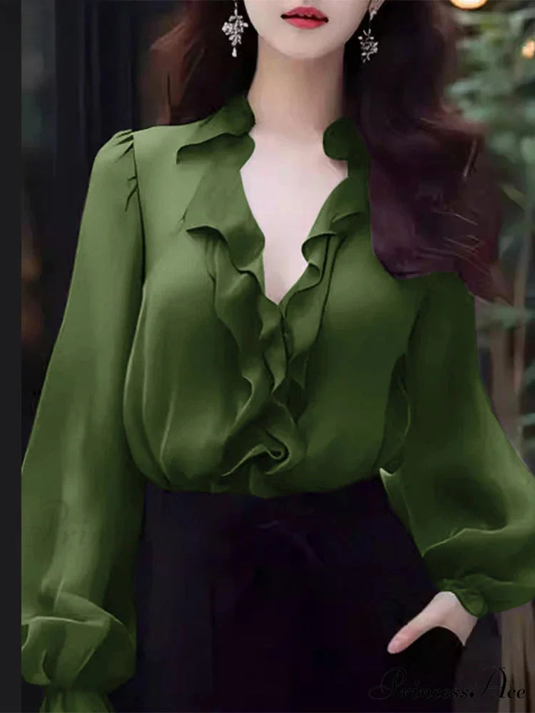 Monochrome Frilled Plunging Neckline Balloon Sleeve Blouse